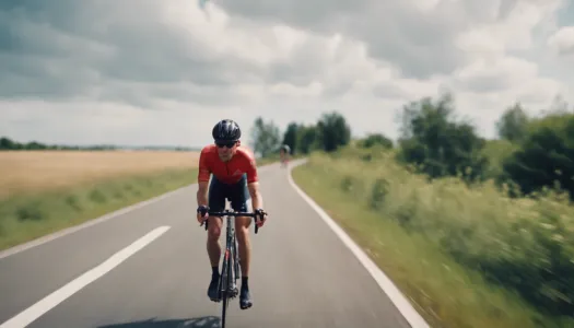 A cyclist riding on a scenic road during a triathlon, Cinematic