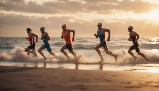 A group of triathletes running on a beach at sunset, Ultrarealistic