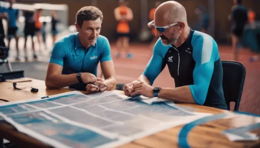 A coach discussing a triathlon training plan with an athlete, Isometric