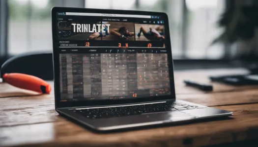 A detailed training plan for triathletes on a wooden table, with a laptop and sports gear around