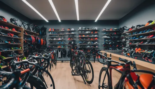 An array of triathlon gear displayed in a sports store, showing bikes, shoes, and wetsuits