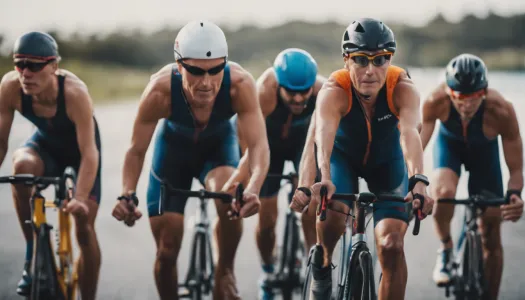 A diverse group of triathletes training together, showcasing teamwork and motivation, Cinematic