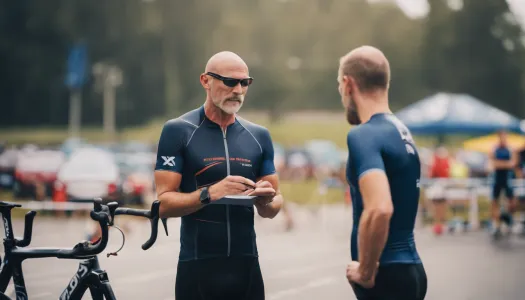 A triathlon coach discussing training plans with an athlete, Photographic