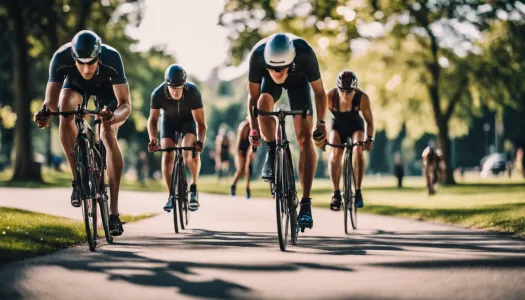 A group of triathletes training together in a park, Cinematic