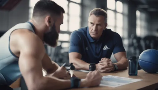 A coach discussing a personalized training plan with an athlete, Ultrarealistic