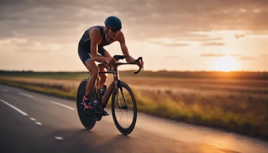 A triathlete cycling on a scenic road during sunset, Cinematic