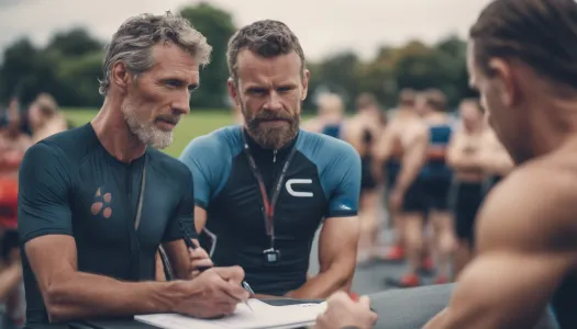 A triathlon coach discussing a training plan with an athlete, Photographic