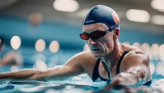 A triathlon coach analyzing an athlete's swimming technique in a pool, Enhance