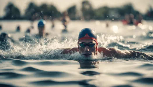 An athlete swimming in open water during a triathlon, with spectators in the background, Photographic