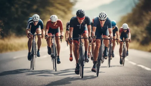 A group of triathletes cycling on a scenic road during a race, Enhance