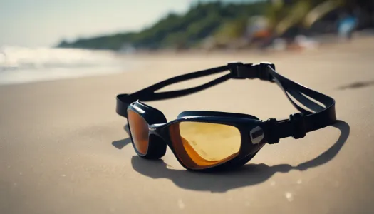 A close-up of a high-quality wetsuit and swimming goggles on a beach, Ultrarealistic