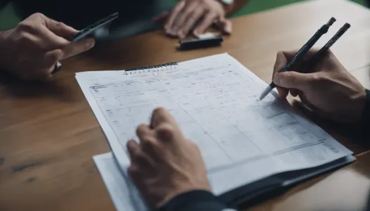 An athlete reviewing a detailed training plan with a coach, Photographic