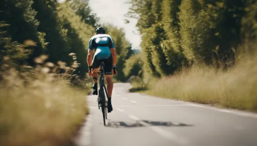 A cyclist training on a scenic road during a triathlon preparation