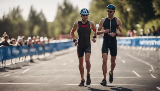 A coach guiding a triathlete during a training session, Cinematic