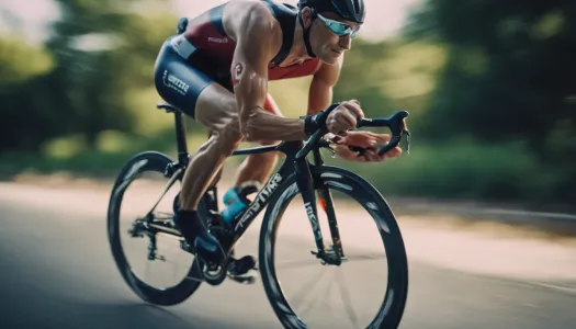 A close-up of a triathlete transitioning from swimming to cycling