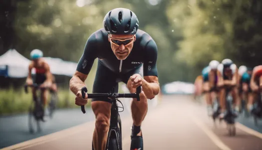 A motivational triathlon coach guiding an athlete, Cinematic