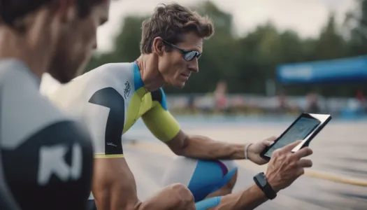 A coach analyzing a triathlete's performance using a tablet, Photographic