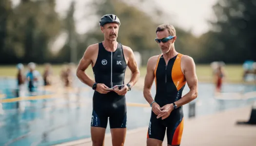 A triathlon coach providing feedback to an athlete during a training session, Photographic