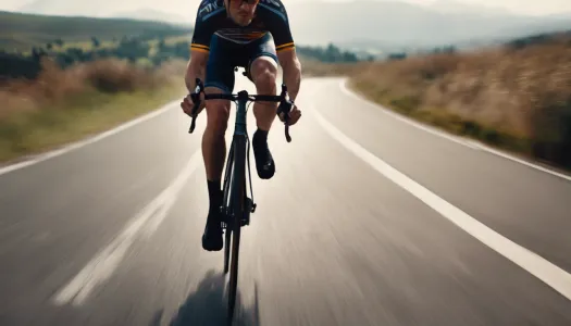 A cyclist racing on a scenic route, showcasing strength and speed, Photographic