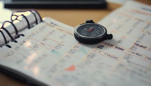 A planner with a triathlon training schedule and a stopwatch placed on top