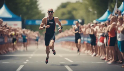 An athlete running towards the finish line of a triathlon