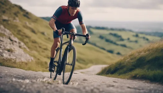 A cyclist climbing a steep hill with determination