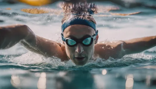 A beginner swimmer practicing in a clear lake