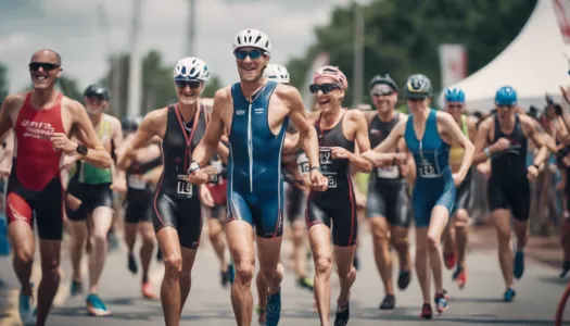 A group of beginner triathletes encouraging one another at the finish line