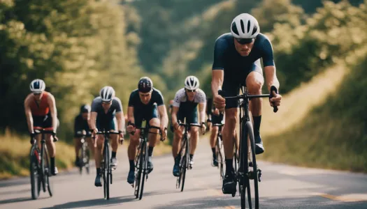 A group of triathletes cycling on scenic roads