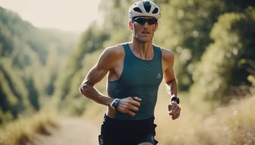 A triathlete running on a trail surrounded by nature