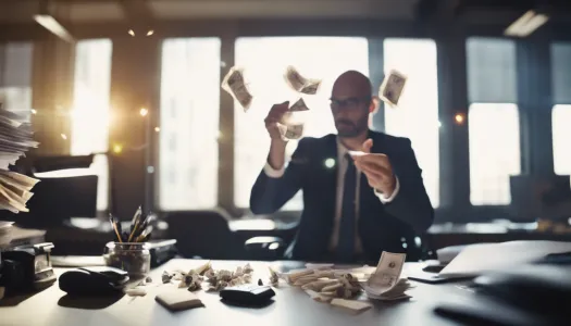 A business person juggling multiple tasks at a desk