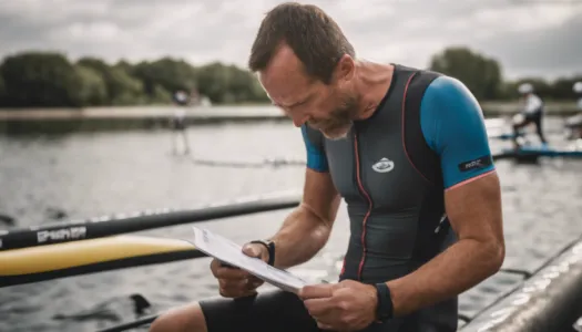 A triathlon coach discussing a training plan with an athlete