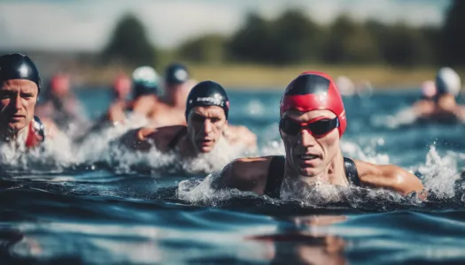 Swimmers competing in a triathlon in open water