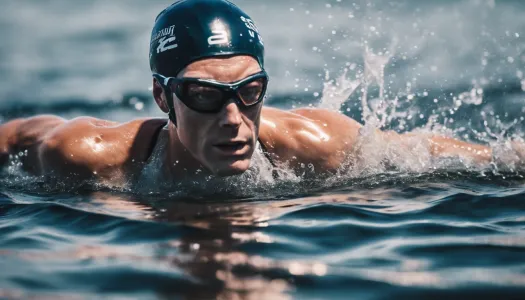 An athlete swimming in open water during a triathlon, showcasing focus and technique