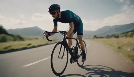 A cyclist on a scenic road, demonstrating endurance and strength during training