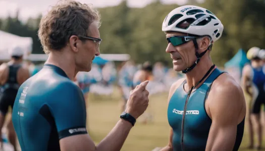 A triathlon coach discussing strategy with an athlete