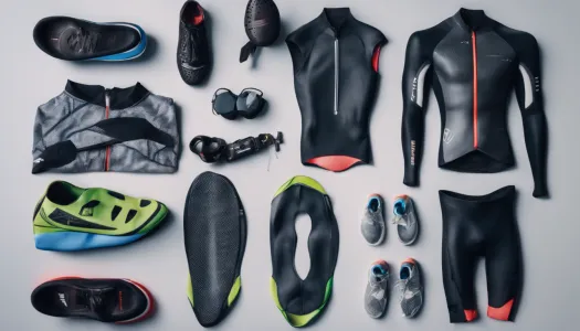 An assortment of triathlon gear including wetsuits, bikes, and running shoes