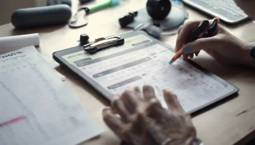 A person creating a workout schedule on a desk with fitness equipment around