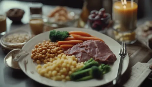 Close up of a balanced meal with proteins, carbs, and vegetables on a table