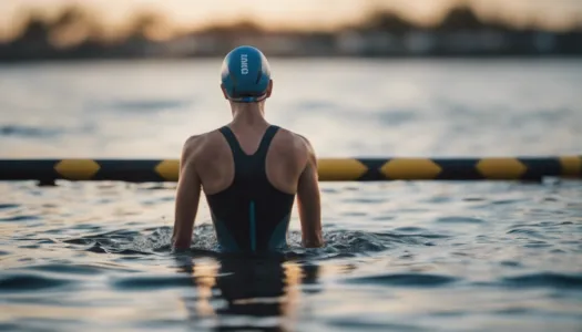 A beautiful open water swimming scene with a triathlete preparing to enter the water