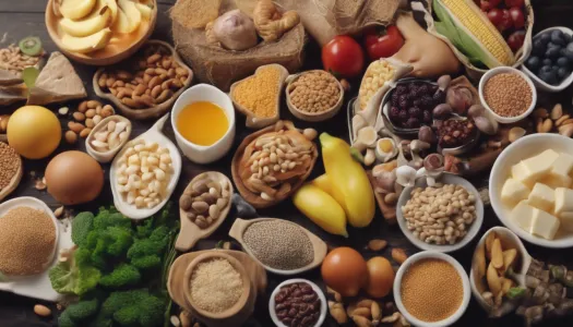 A variety of healthy foods rich in carbohydrates, fats, and proteins