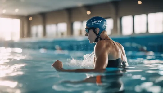 An encouraging scene of a beginner triathlete training in a swimming pool