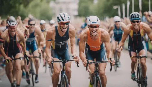 A group of triathletes celebrating after a race, Enhance