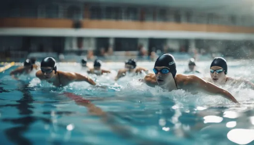 A group of swimmers training together in a pool, showcasing endurance training techniques, Cinematic