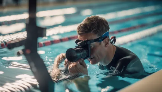 A triathlon coach using a video camera to record a swimmer's technique in a pool, Isometric