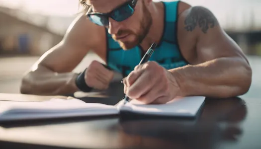 An athlete setting specific goals on a notepad while training for a triathlon, Ultrarealistic