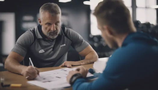 A coach discussing a personalized training plan with an athlete, Photographic