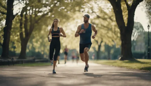 A personal trainer working with a triathlete on a running technique in a park