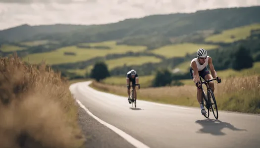 A cyclist riding on a scenic road during a triathlon, photographic