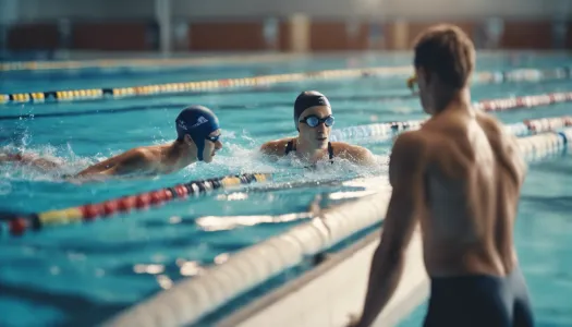 An athlete practicing swimming techniques with a coach, Isometric